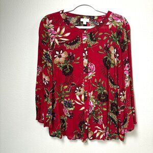 J Jill Button Front Top Size L Red Green Floral Long Sleeve Peasant Blouse Boho